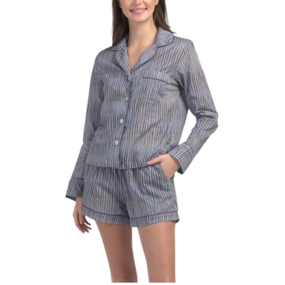 THE LAZY POET Made In Colombia 2pc Notch Collar Long Sleeve Shorts Pajama Set